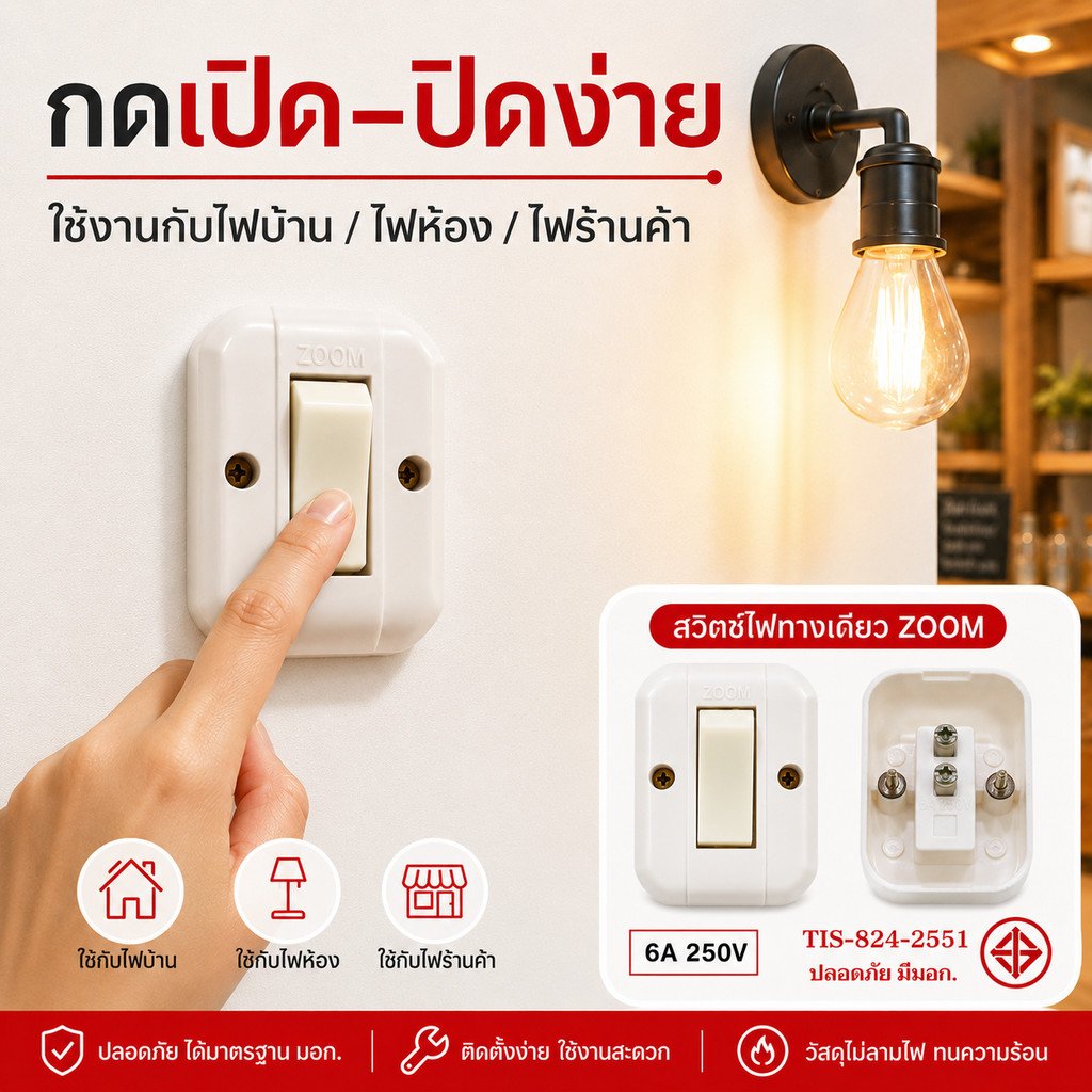 มีพรายน้ำ PACK 2 ชิ้น Zoom สวิตช์ลอย 2 สาย มาตรฐาน 220V ขนาด 6A สำหรับสาย 1.5-2.5 ตร.มม. เหมาะสำหรับบ้านและอาคาร" – 2 ชิ้น - ZOOM-SLT(2) - Image 3