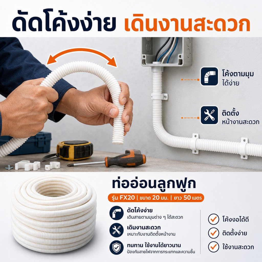 1 เมตร) Haco ท่ออ่อนลูกฟูก 20 มิล 6 หุน พีวีซี ชนิดหนา สำหรับ ร้อยสายไฟ สีขาวสำหรับ งานไฟฟ้า งานโทรศัพท์ - Image 3