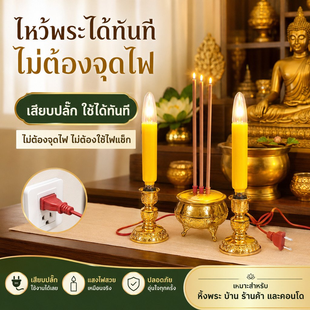 Superlamp (แพ็ค 2 ชิ้น) ชุด เชิงเทียน ไฟฟ้า ขั้วเขี้ยว B15 พร้อม เทียน ยาว เหลือง 15W 220V - Image 4