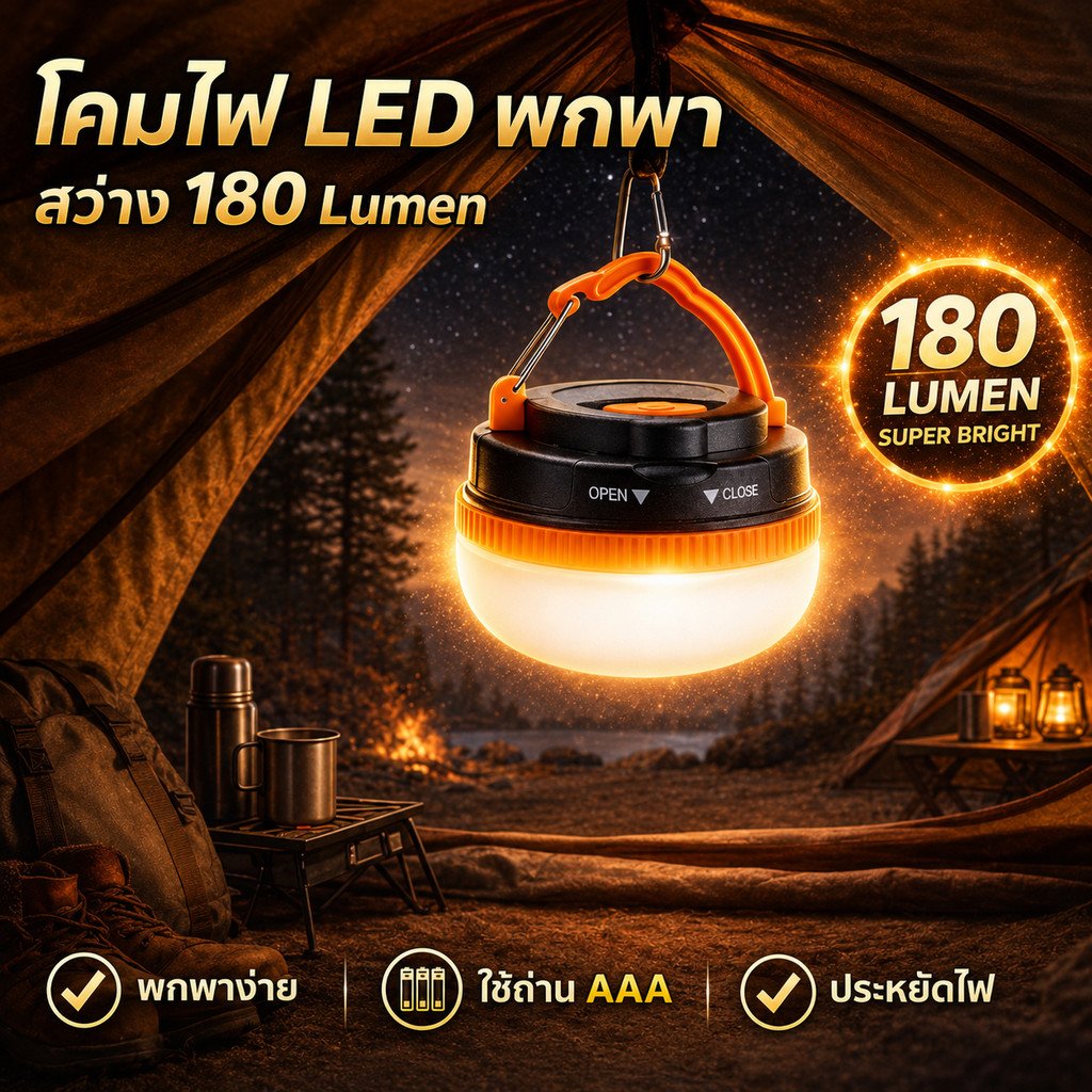โคมไฟ LED แคมป์ปิ้ง รุ่น LY-YD2 แบบพกพา 180 ลูเมน | ไฟแขวนเต็นท์พร้อมตะขอ ปรับความสว่างได้ 5 ระดับ ใช้ถ่าน AAA 3 ก้อน