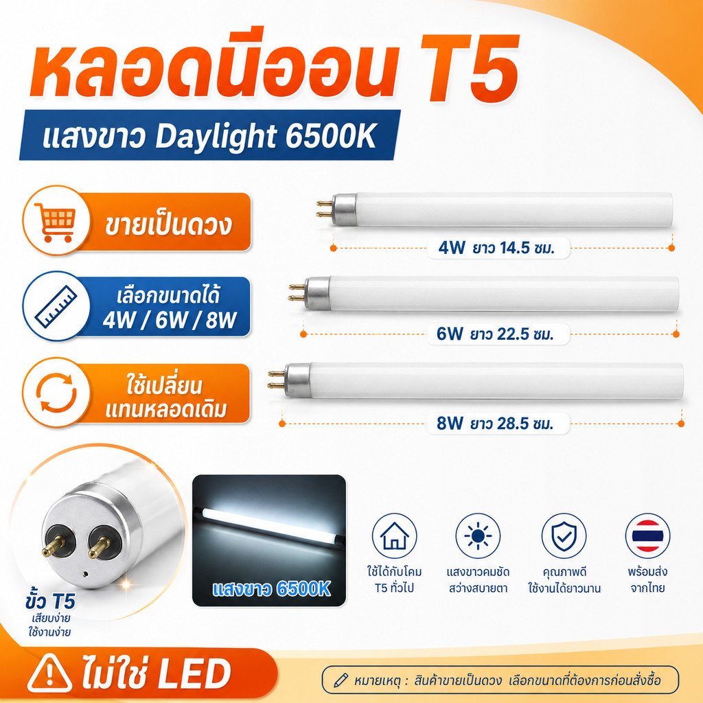 หลอดนีออน T5 4W 6W 8W แสงขาว Daylight 6500K หลอดฟลูออเรสเซนต์ T5 เปลี่ยนแทนหลอดเดิม สำหรับโคม T5 – 8W แสงขาว - Image 2