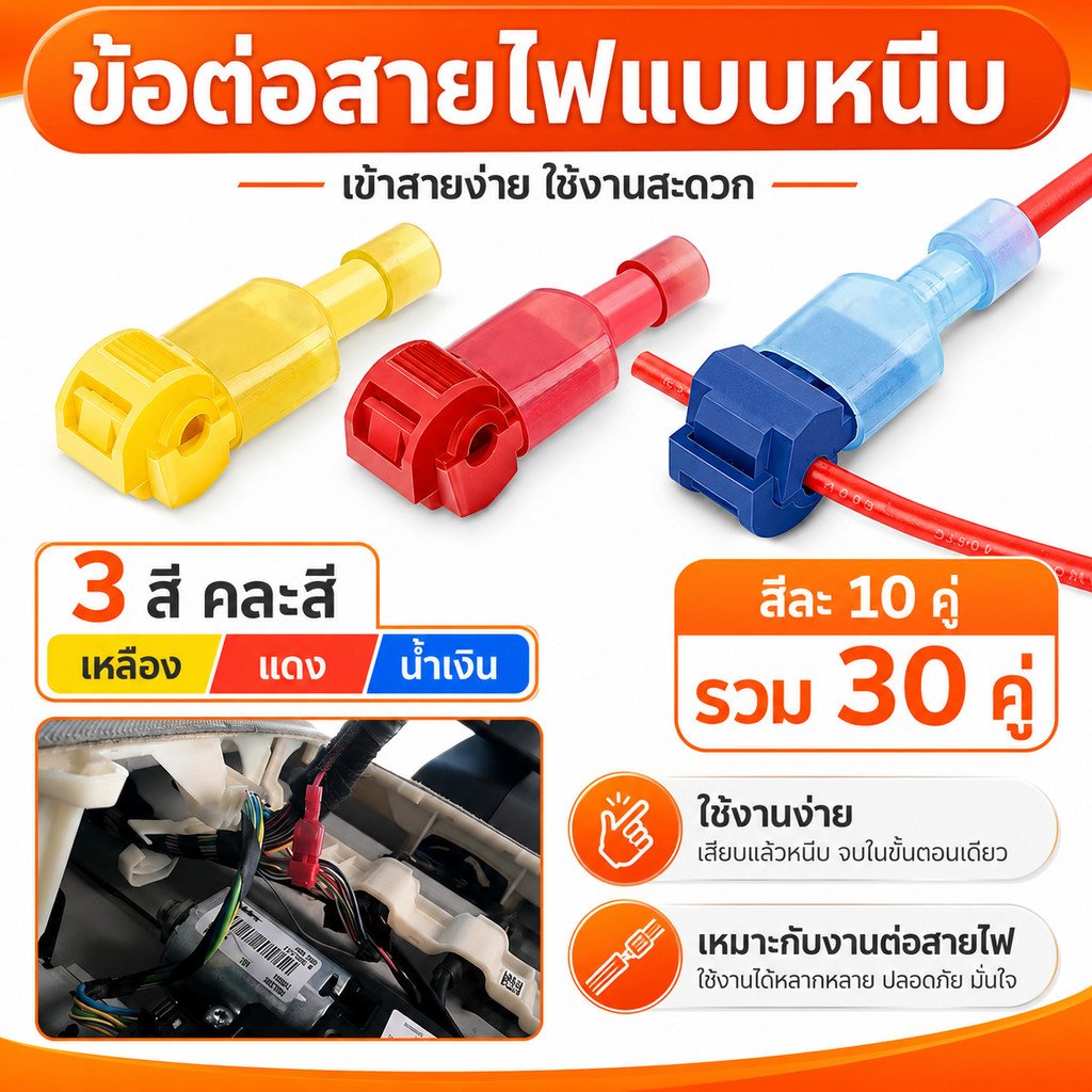 T-Tap ตัวเชื่อมสายไฟแบบล็อค ไม่ต้องปอกฉนวน 3 สี แพ็ค 60 ชิ้น ข้อต่อสายไฟ ตัวต่อสายไฟ รถยนต์ มอเตอร์ไซค์ Quick Splice