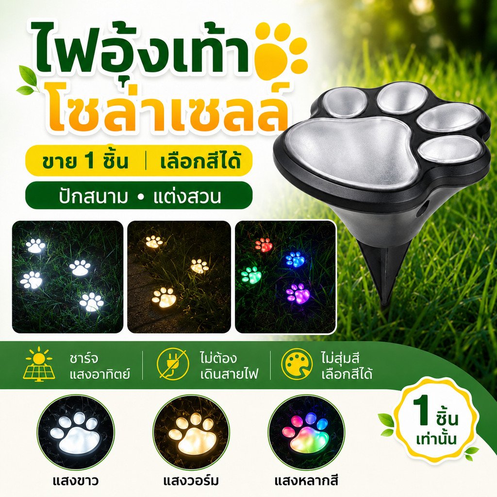 โคมไฟโซลาร์เซลล์ลายอุ้งเท้า LED ไฟปักสนาม ไฟแต่งสวน ไฟทางเดิน โซล่าเซลล์ ขาว/วอร์ม/RGB – 3 ชิ้น 3 สี - Image 2