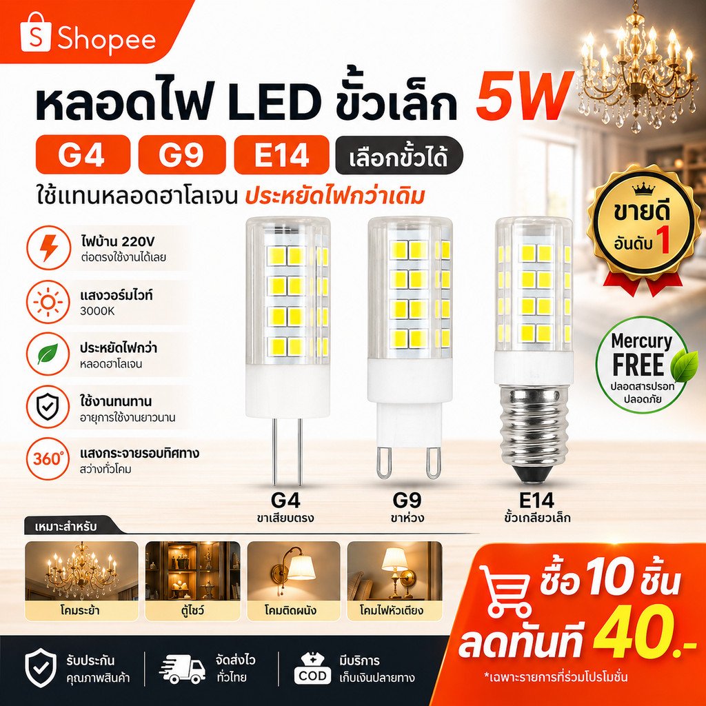 หลอดไฟ LED G4 G9 E14 220V AC ชิป 2835 แสงวอร์ม 2800K มุมแสง 360 องศา หลอดขั้วเล็ก ใช้กับโคมระย้า ตู้โชว์ โคมไฟหัวเตียง – E14 - Image 2