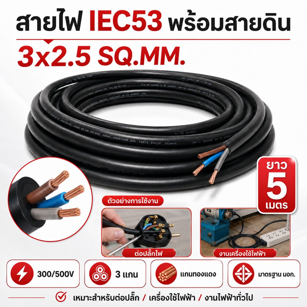 สายไฟ IEC53 3x2.5 Sq.mm ยาว 5 เมตร พร้อมสายดิน 300/500V สายไฟกลม 3 แกน แกนทองแดง งานต่อปลั๊ก เครื่องใช้ไฟฟ้า งานช่างไฟ