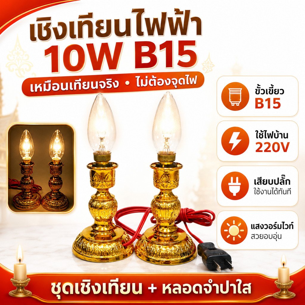 แพ็ค 2 ชิ้น)เชิงเทียนไฟฟ้า 10W B15 พร้อมหลอดจำปาใส สายไฟยาว 1 เมตร ใช้ไฟบ้าน 220V โคมไฟเทียนไฟฟ้า หิ้งพระ ไหว้พระ บูชา