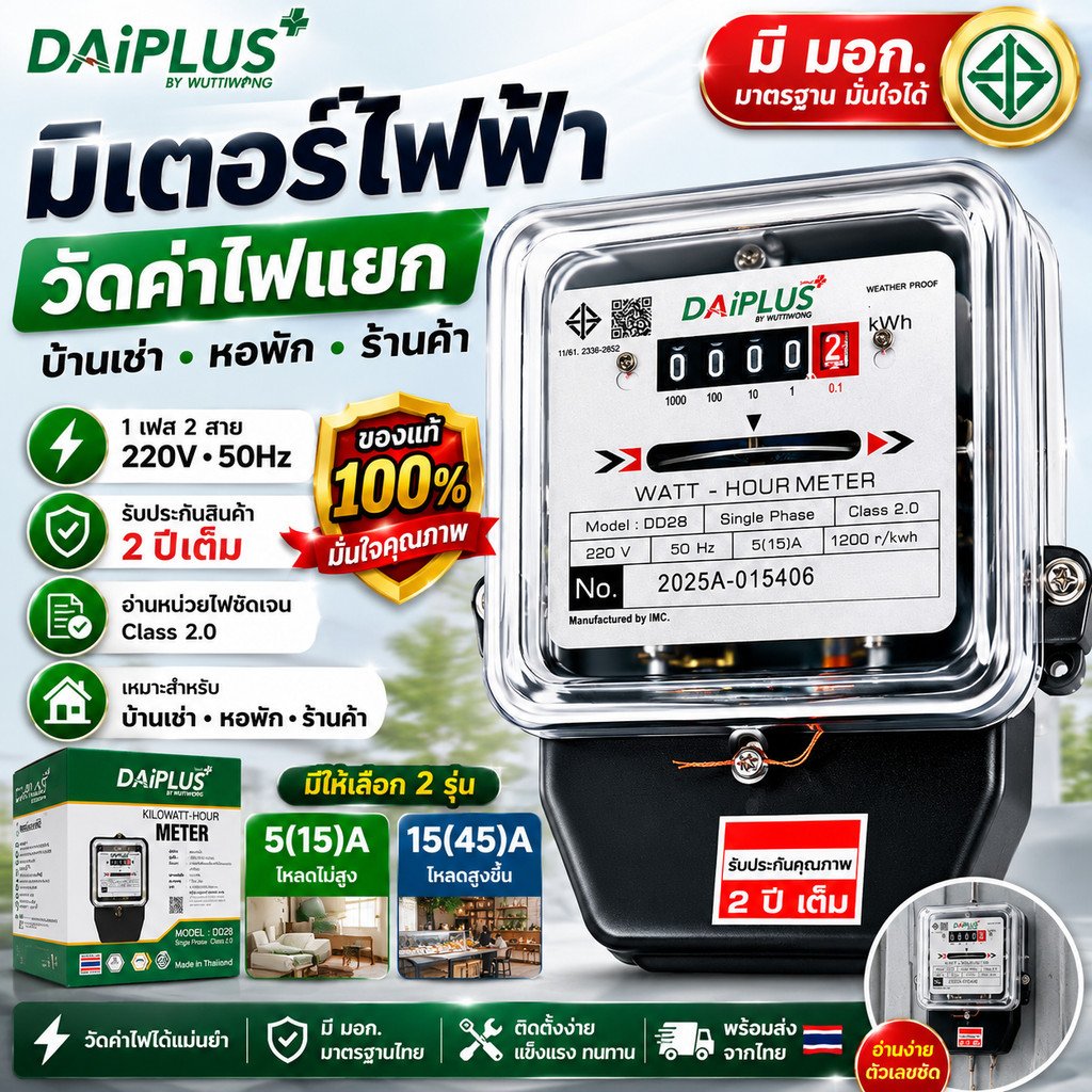 DAI-PLUS มิเตอร์ไฟฟ้า DD28 5(15)A 15(45)A มี มอก. มิเตอร์วัดค่าไฟ ห้องเช่า หอพัก บ้าน 1 เฟส 2 สาย 220V รับประกัน 2 ปี – 5/15A - Image 2