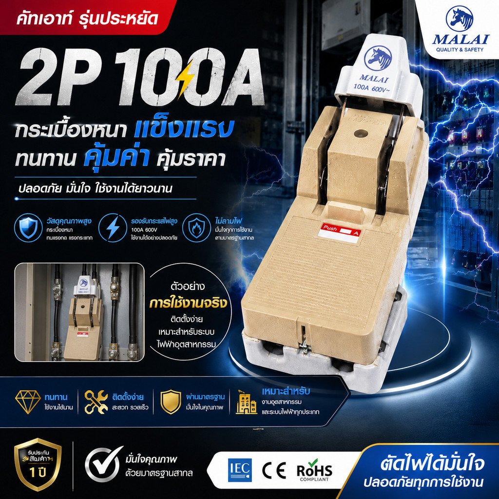 MALAI คัทเอาท์ 2P 100A พร้อมฟิวส์ก้ามปู x 2 ตัว สะพานไฟ - Image 2
