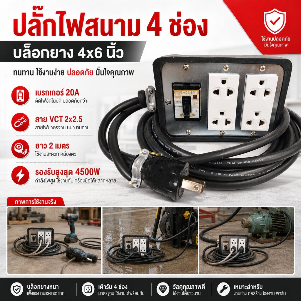 2-50 เมตร) JPS ปลั๊กไฟสนาม บล็อกยางมีเบรกเกอร์ 20A สาย VCT 2x2.5 sq.mm รองรับ 4500W ปลั๊กกราวน์คู่ Universal – 3 เมตร - Image 2