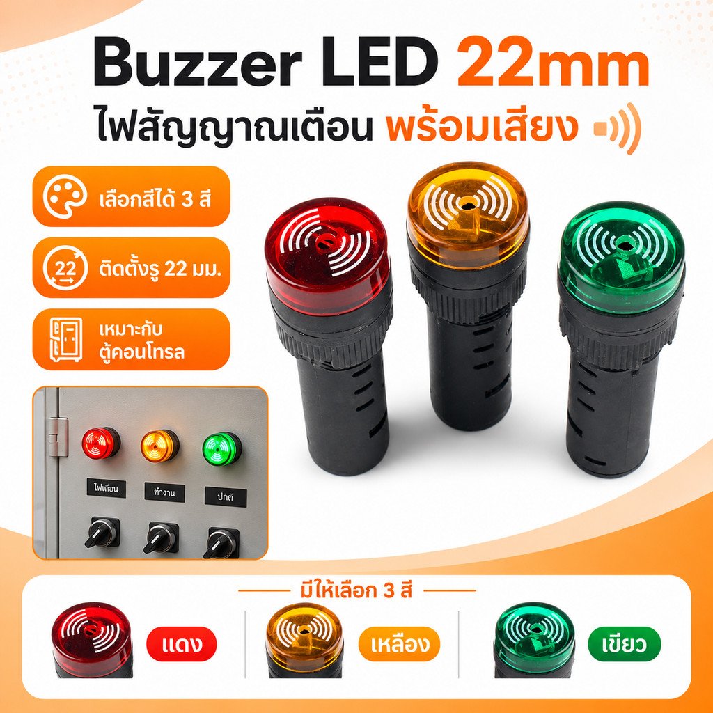 Buzzer LED 22mm ไฟสัญญาณเตือน มีเสียง 220V ไฟเตือนตู้คอนโทรล Pilot Lamp มีไฟพร้อมเสียง เลือกสี แดง เหลือง เขียว – 12V , แดง - Image 2