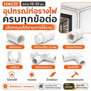 HACO ข้อต่อท่อรางไฟ PVC ครบทุกแบบ 16-32 มม. ตรง โค้ง สามทาง ทนความร้อน ไม่ลามไฟ สำหรับร้อยสายไฟในบ้านและโรงงาน" – ข้อต่อตรง 25 มม.,1 ชิ้น