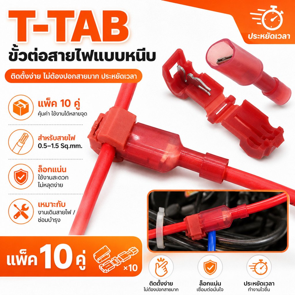 T-TAB (แพ็ค 10 คู่ ) ตัวเชื่อม สายไฟ แบบล็อค ไม่ต้องปอกฉนวน สีแดง สำหรับสายไฟ 0.5-1.0 Sqmm. – แดง - 10 คู่