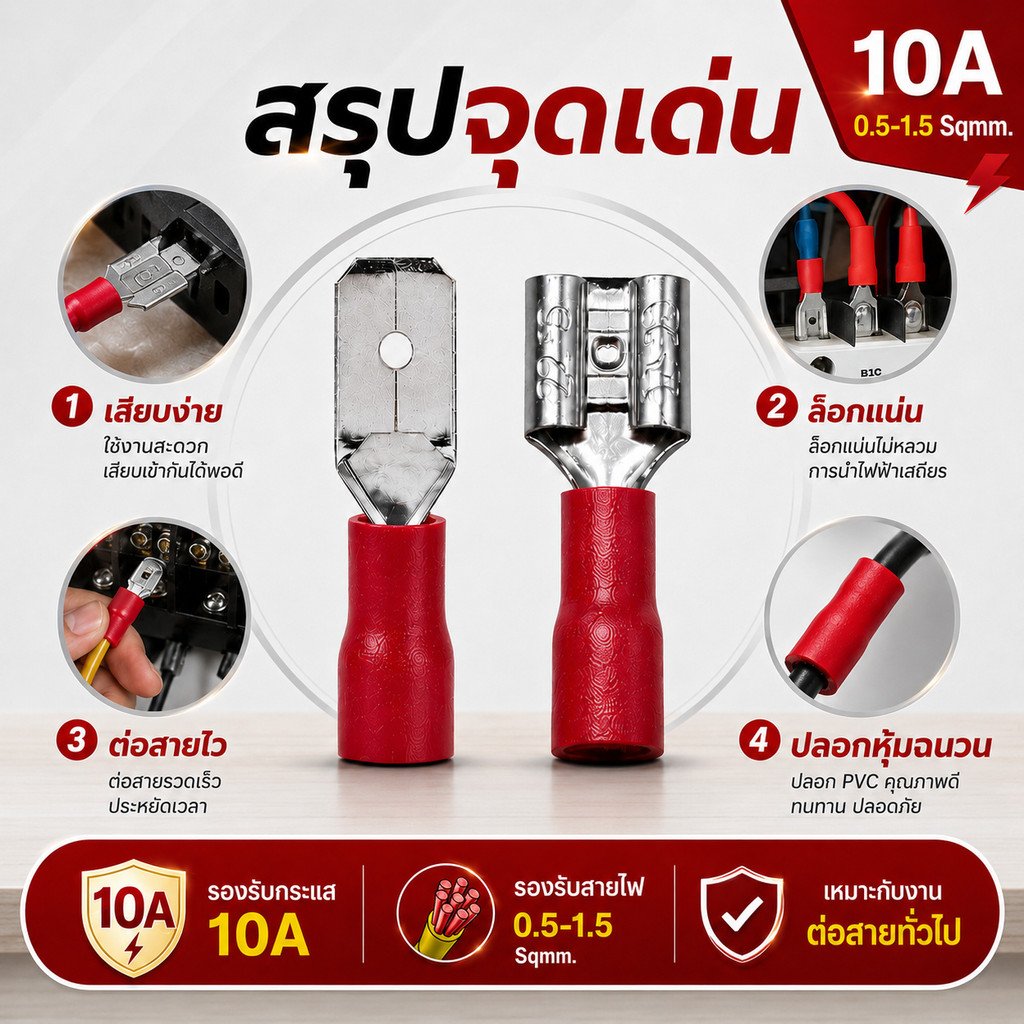 100 ชิน) หางปลาเสียบเร็ว ตัวเมีย+ผู้ แดง แบบหุ้ม 10A 600V ขั้วต่อสายไฟ PVC มาตรฐานอุตสาหกรรม ส่งด่วน - Image 7