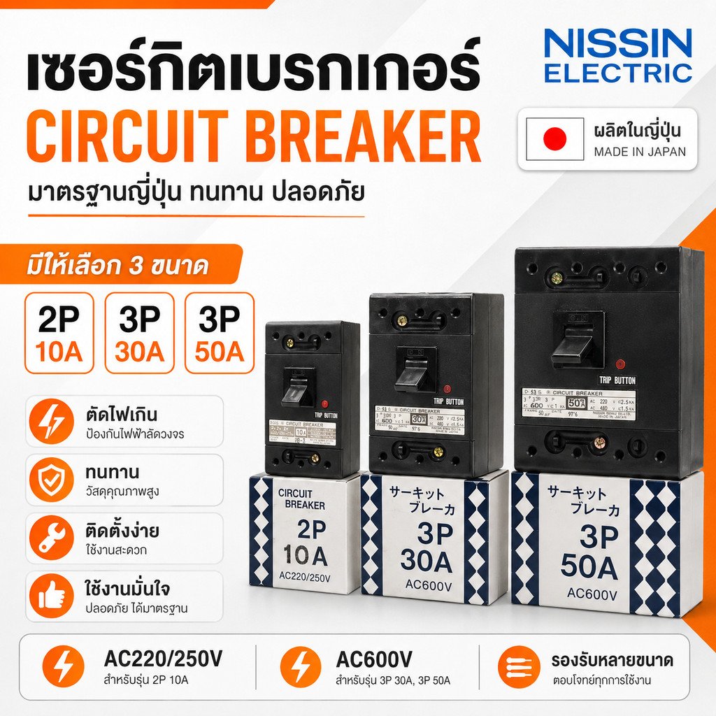 Nisshin Denko เบรกเกอร์ไฟฟ้า Circuit Breaker MCCB 2P 10A / 3P 40A / 3P 50A AC220/250V AC600V ผลิตในญี่ปุ่น – 3P 40A - Image 2