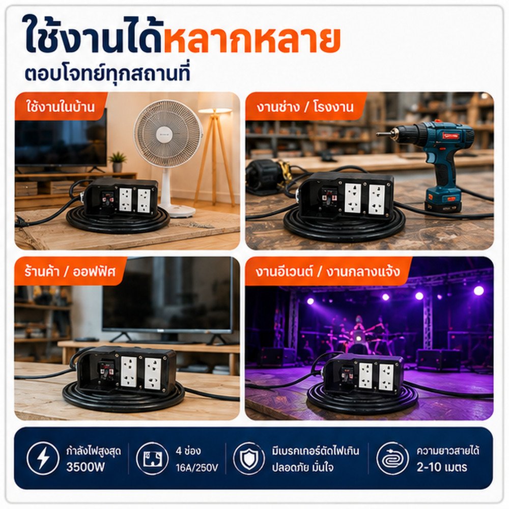 15-50 เมตร) Sentoshi บล็อกยาง ประกอบ รุ่นเบรกเกอร์ สายไฟ VCT 2*1.5 sqmm 3500W พร้อม ปลั๊กกราวน์คุ่ ปลั๊กพ่วง – 20 เมตร - Image 5