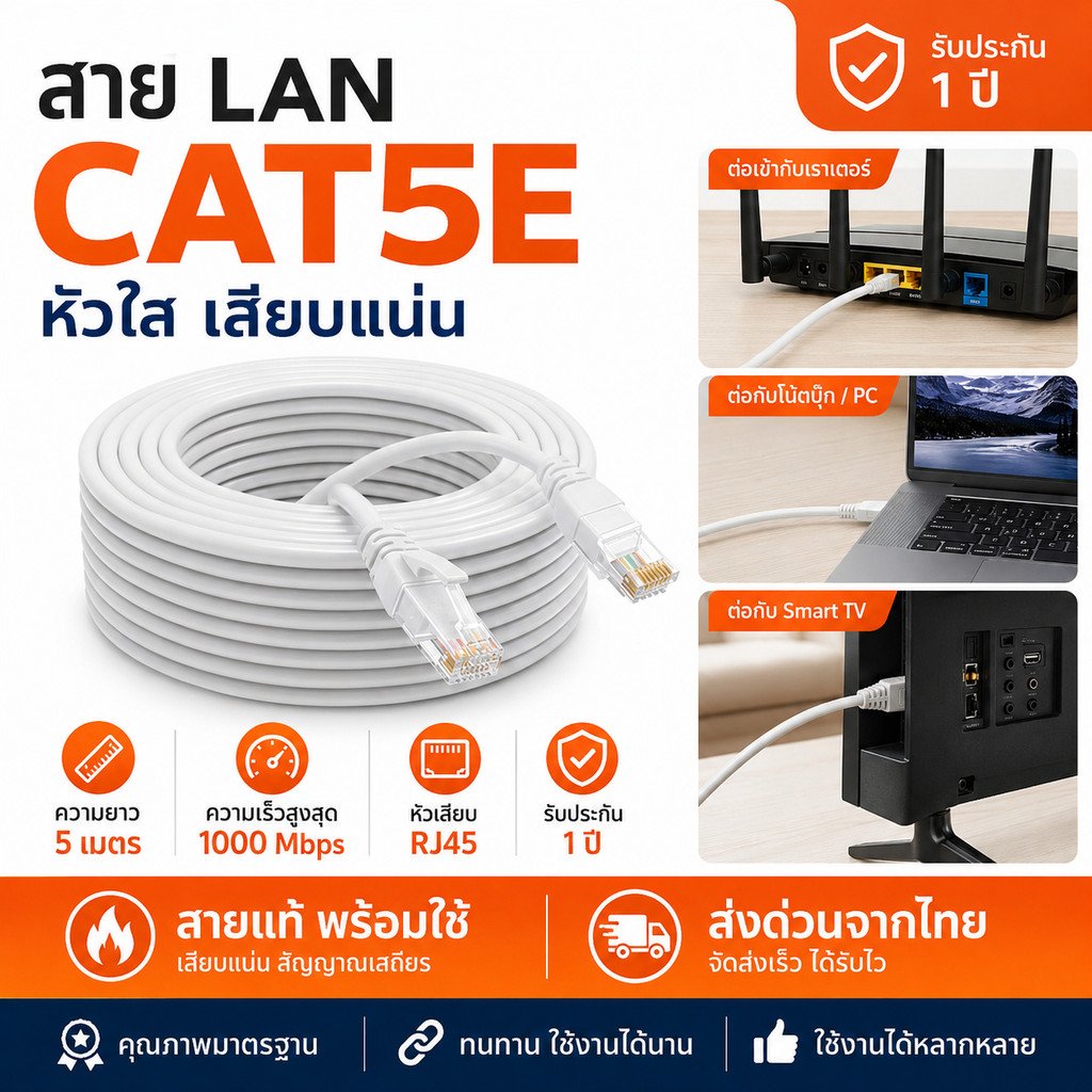 สาย LAN CAT5e 5 เมตร สายแลนสำเร็จรูป หัว RJ45 ใส เสียบแน่น รองรับ 1000Mbps ใช้กับ Router PC Notebook Smart TV – 5 เมตร - Image 2