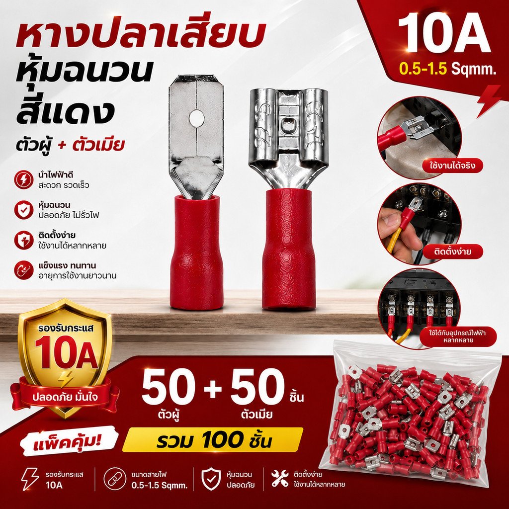 100 ชิน) หางปลาเสียบเร็ว ตัวเมีย+ผู้ แดง แบบหุ้ม 10A 600V ขั้วต่อสายไฟ PVC มาตรฐานอุตสาหกรรม ส่งด่วน