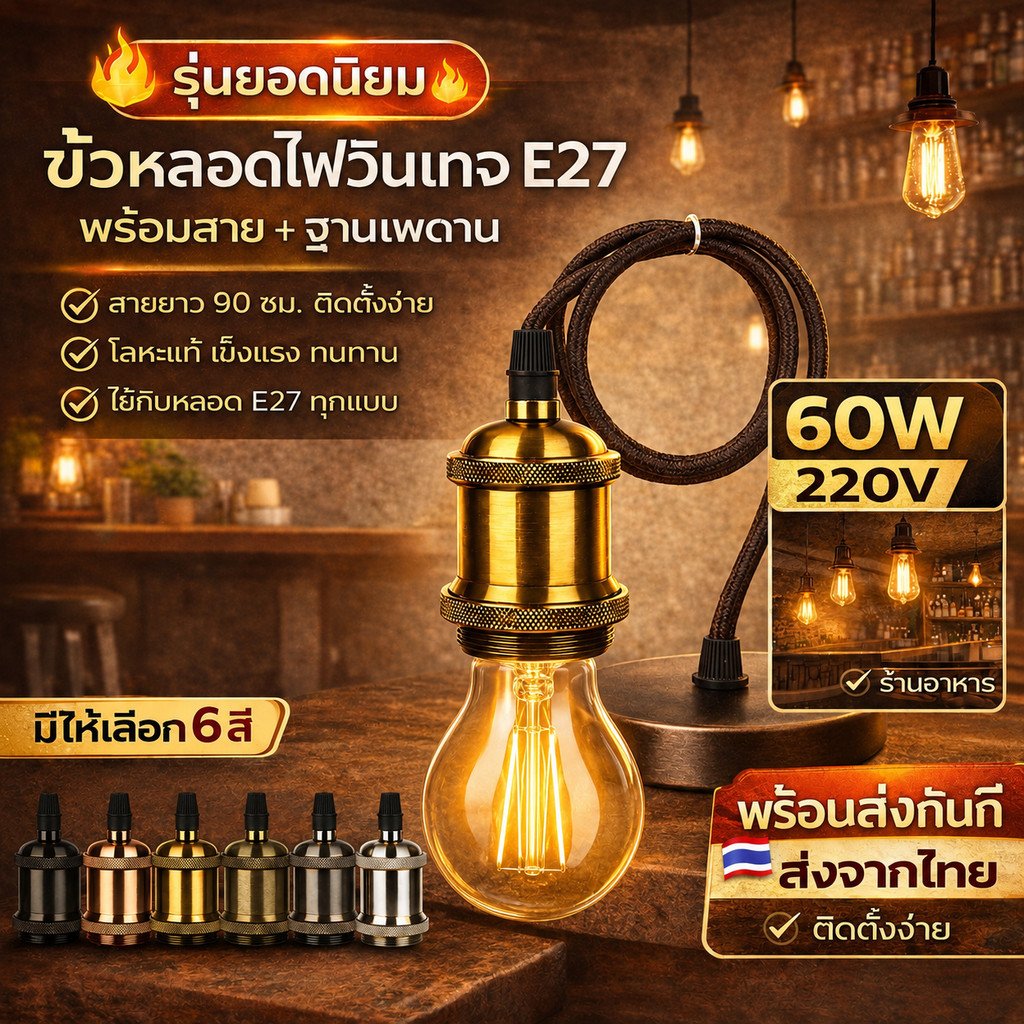 เลือกสีได้ ขั้วพร้อมฐาน โคมแขวนวินเทจ Retro E27 10A 250V พร้อมสาย ปรับระดับได้ ตกแต่งบ้าน ร้านอาหาร คาเฟ่ บาร์ สตูดิโอ – เงิน - Image 2