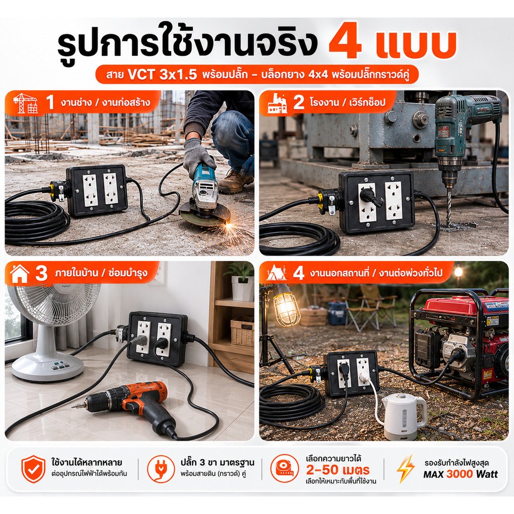 2-10 เมตร) JPS บล็อกยางประกอบ 4*4 พ่วงสาย VCT 3*1.5 sqmm ปลั๊กไฟสนาม ปลั๊กกราวน์คุ่ ปลั๊กพ่วง บล็อกยาง – 10 เมตร - Image 8
