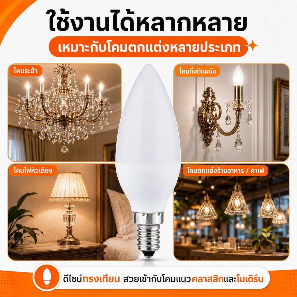 หลอดไฟ จำปา LED 3W ขั้ว E14 320 Lumen AC 85-265V เลือกแสง เหลือง Warmwhite 3000K / ขาว 6500K – แสงเหลือง Warm White - Image 8
