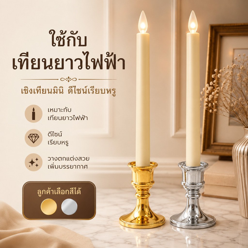 เทียนไฟฟ้าใส่ถ่าน แพ็คคู่ 2 ชิ้น เทียน LED ทรงสูง ฐานทอง แสงวอร์ม เทียนไหว้พระ เทียนปลอม ตกแต่งบ้าน ขนาด 24.5 ซม. - Image 6