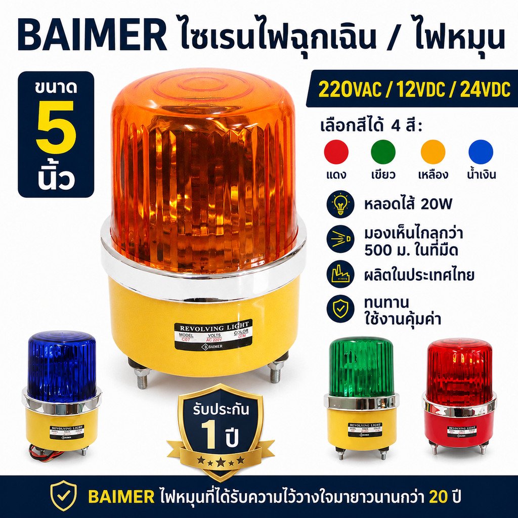 Baimer ไฟหมุน เบอร์ 2 5 นิ้ว ไฟฉุกเฉิน ไฟหมุน สีแดง เขียว เหลือง น้ำเงิน ระบบ AC 220V/12V/24V 20W