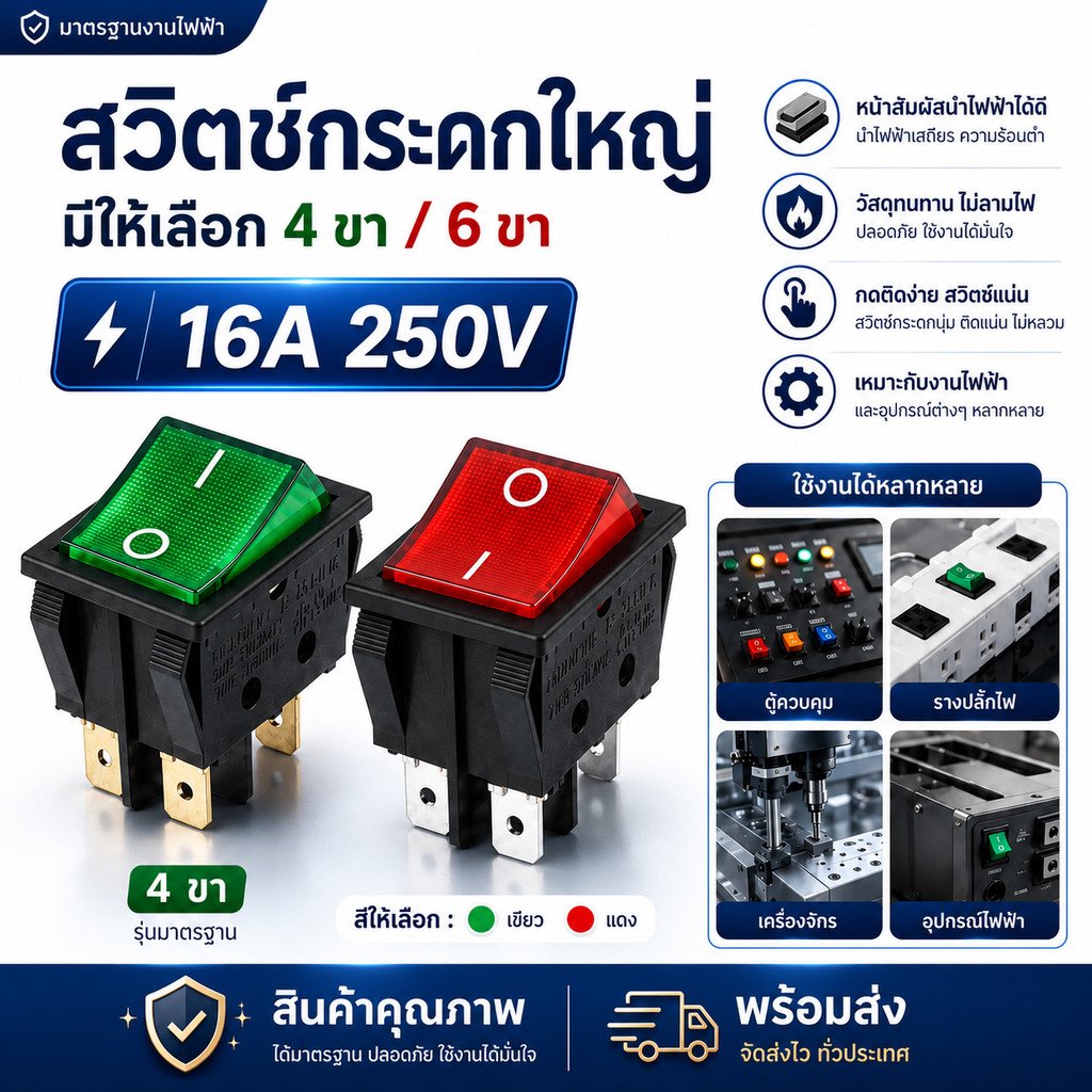 TJR สวิตช์กระดกใหญ่ มีไฟ สีแดง Rocker Switch 16A 250V / 20A 125V สวิตช์เปิดปิดไฟ เลือกได้ 4 ขา / 6 ขา สำหรับปลั๊กพ่วง รา – เขียว 6 ขา - Image 2