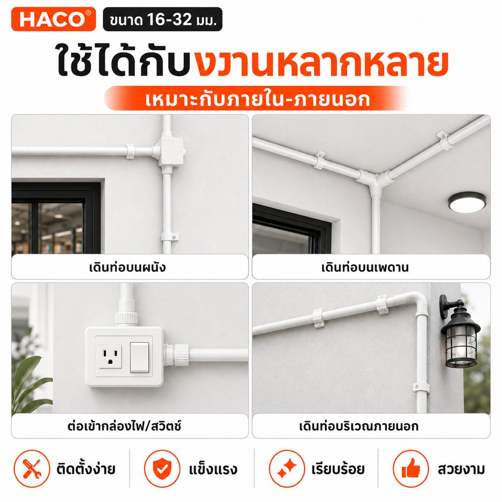 HACO ข้อต่อท่อรางไฟ PVC ครบทุกแบบ 16-32 มม. ตรง โค้ง สามทาง ทนความร้อน ไม่ลามไฟ สำหรับร้อยสายไฟในบ้านและโรงงาน" – ข้อต่อตรง 25 มม.,1 ชิ้น - Image 3