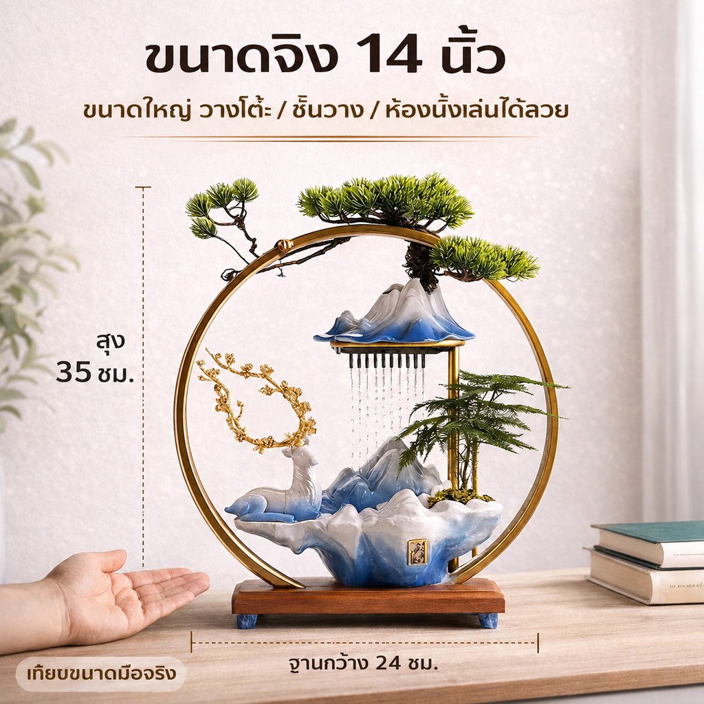 น้ำพุแต่งบ้าน LED สไตล์ Zen น้ำตกจำลอง ธูปย้อนควัน กวางทอง ต้นสน เซรามิกหรู พร้อมปั๊มน้ำ เครื่องพ่นหมอก USB – เฉาโคม + ฐาน - Image 4