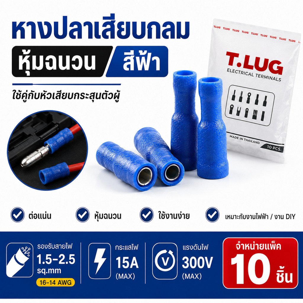 แพ็ค 10 ชิ้น) หางปลาตัวเมียเสียบ F2.5A TLUG สีฟ้า สำหรับสายไฟ 1.5-2.5 sq.mm Bullet Socket Terminal หุ้มฉนวน PVC