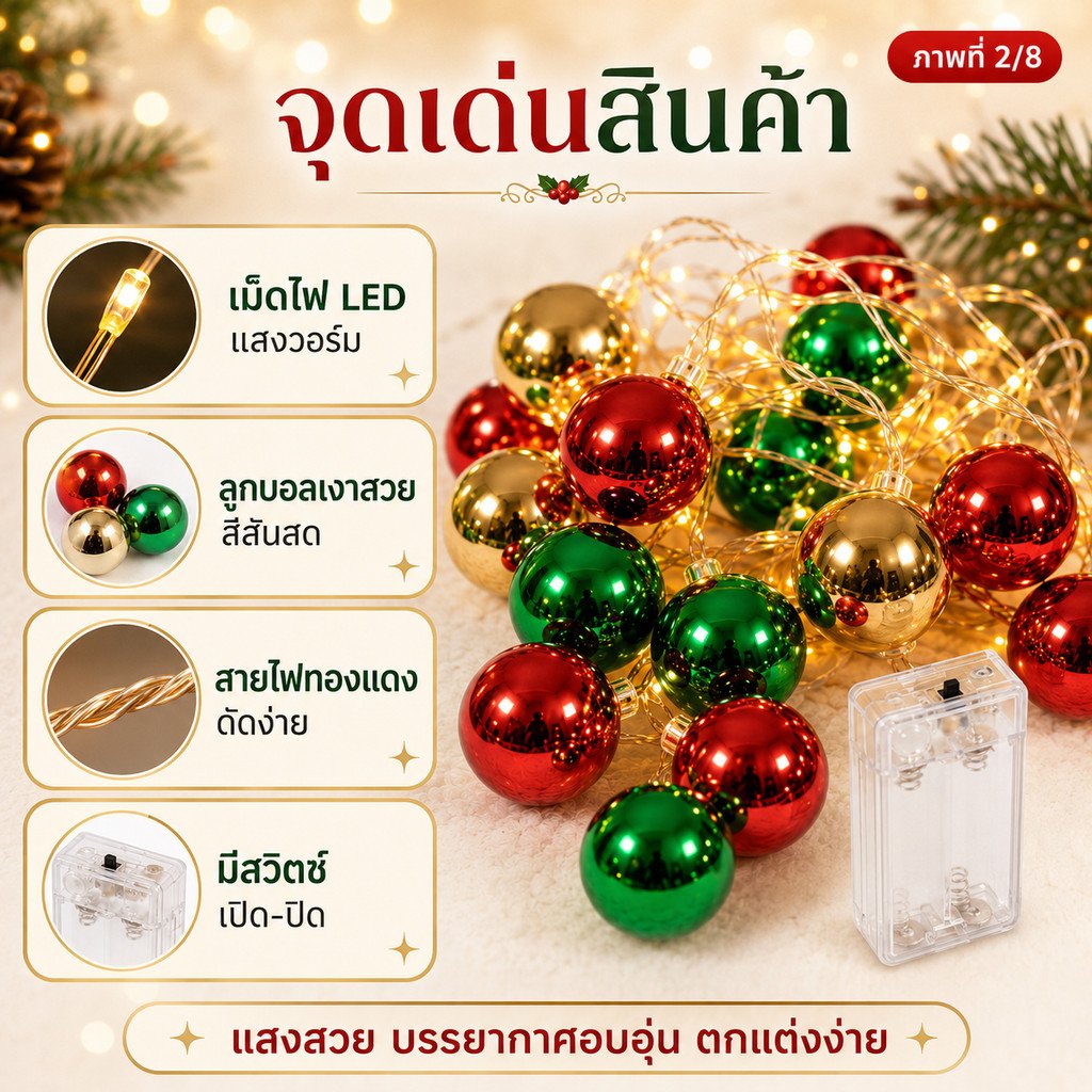 WR ไฟประดับ ตกแต่ง คริสมาสต์ ทรง ลูกบอล และ ดาวห้าแฉก LED 10/20/40 ดวง 2-5 เมตร ไฟตกแต่ง ต้นคริสต์มาส ไฟเทศกาล – ลูกบอล 40 LED 2 เมตร - Image 3