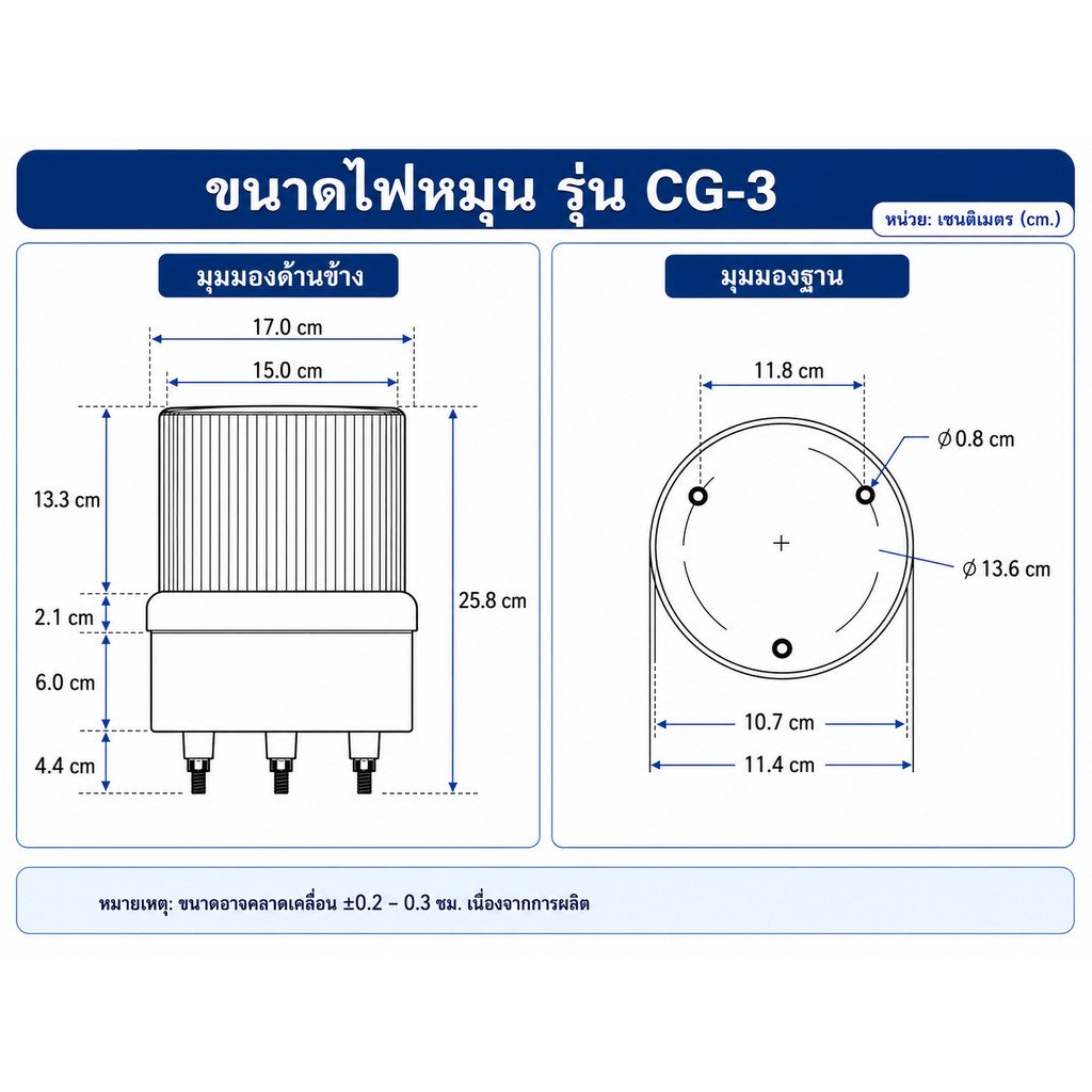 Baimer ไฟหมุน เบอร์ 3 6 นิ้ว ไฟฉุกเฉิน ไฟหมุน สีแดง เขียว เหลือง น้ำเงิน ระบบ AC 220V/12V/24V 40W - Image 3