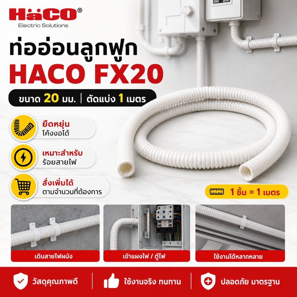 1 เมตร) Haco ท่ออ่อนลูกฟูก 20 มิล 6 หุน พีวีซี ชนิดหนา สำหรับ ร้อยสายไฟ สีขาวสำหรับ งานไฟฟ้า งานโทรศัพท์