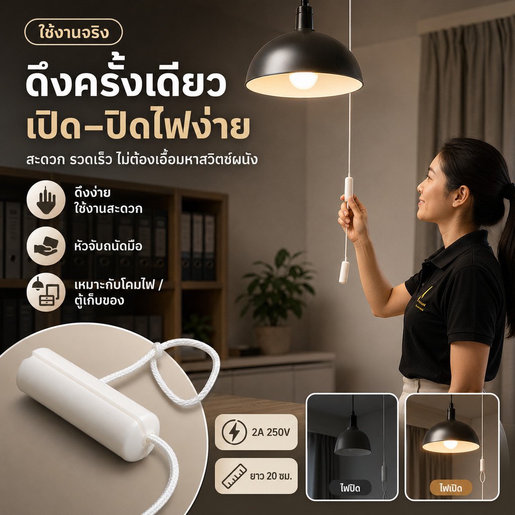 สวิตช์กระตุก 2A 250V สวิตช์เชือกดึง เปิด–ปิดไฟ ความยาว 20 ซม. Pull Cord Switch สำหรับโคมไฟและงานไฟฟ้า - Image 8