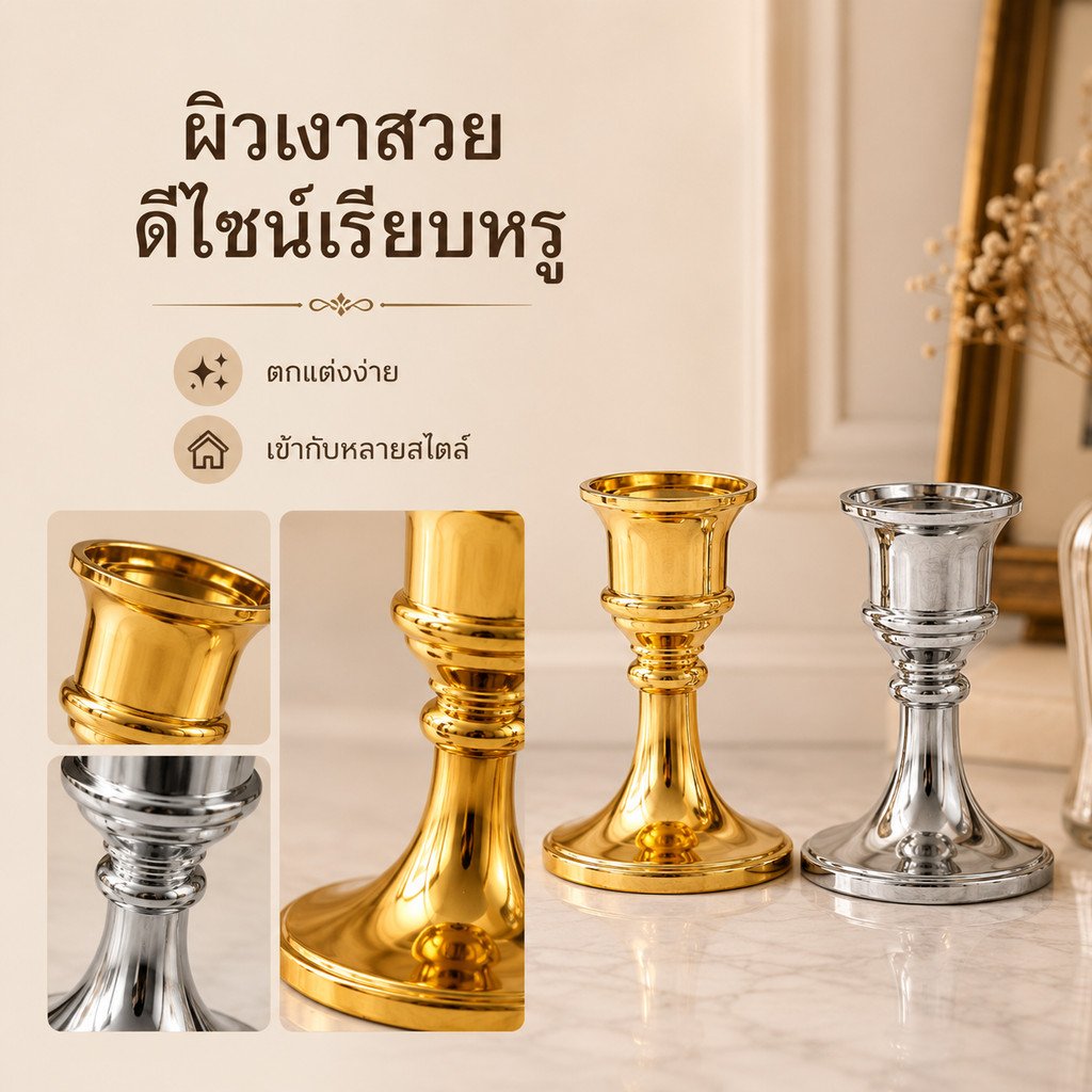 เทียนไฟฟ้าใส่ถ่าน แพ็คคู่ 2 ชิ้น เทียน LED ทรงสูง ฐานทอง แสงวอร์ม เทียนไหว้พระ เทียนปลอม ตกแต่งบ้าน ขนาด 24.5 ซม. - Image 4