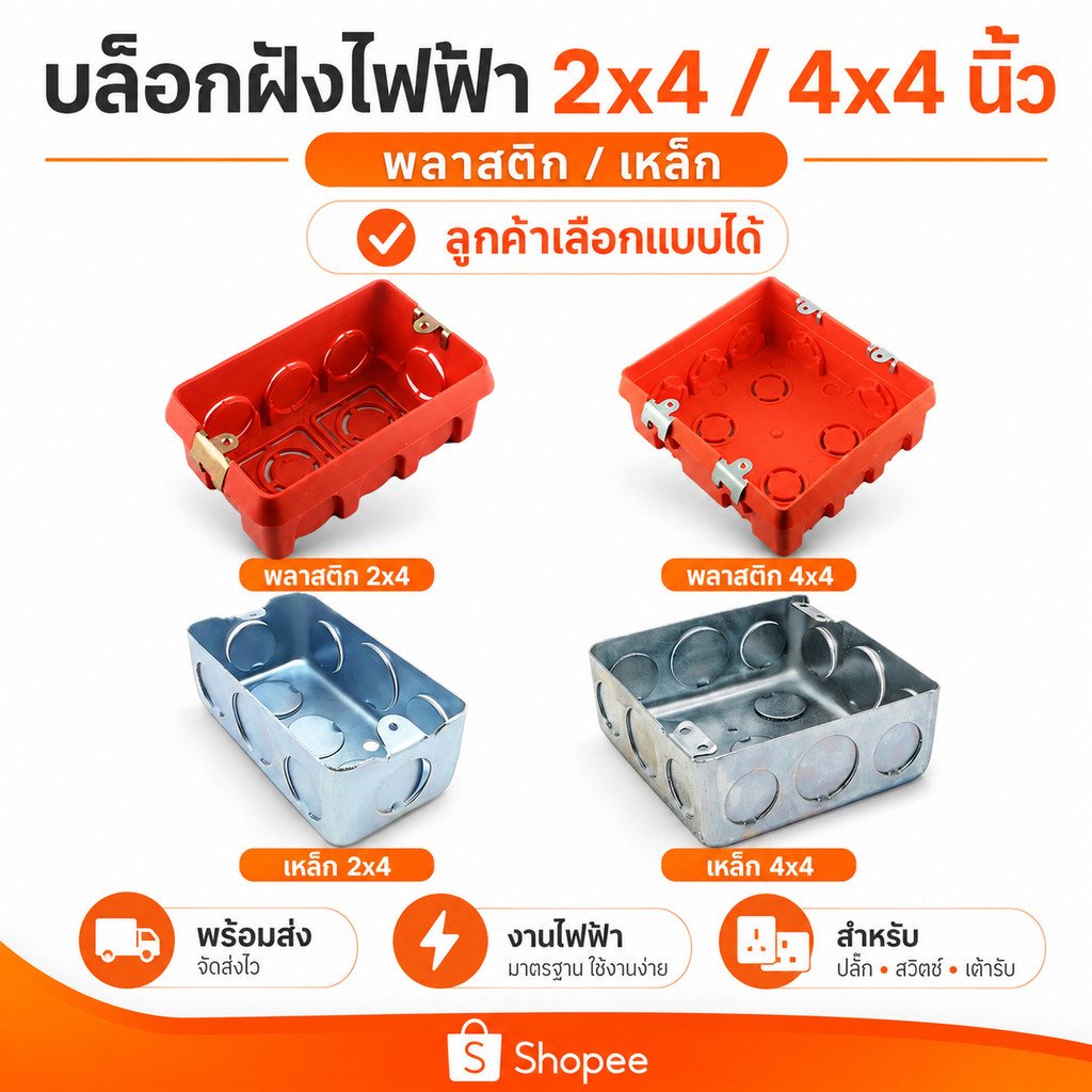 Project บล็อกฝังไฟฟ้า 2x4 4x4 นิ้ว กล่องฝังสวิตช์ กล่องฝังปลั๊ก พลาสติก/เหล็ก สำหรับงานไฟฟ้า ลูกค้าเลือกแบบได้ – 4*4 นิ้ว พลาสติก - Image 2