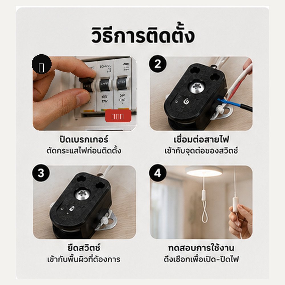สวิตช์กระตุก 2A 250V สวิตช์เชือกดึง เปิด–ปิดไฟ ความยาว 20 ซม. Pull Cord Switch สำหรับโคมไฟและงานไฟฟ้า - Image 4