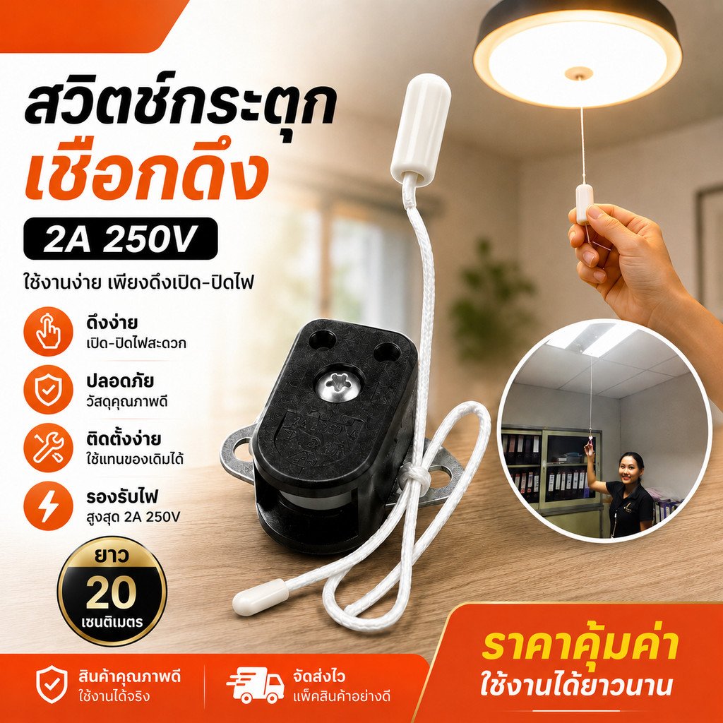 สวิตช์กระตุก 2A 250V สวิตช์เชือกดึง เปิด–ปิดไฟ ความยาว 20 ซม. Pull Cord Switch สำหรับโคมไฟและงานไฟฟ้า