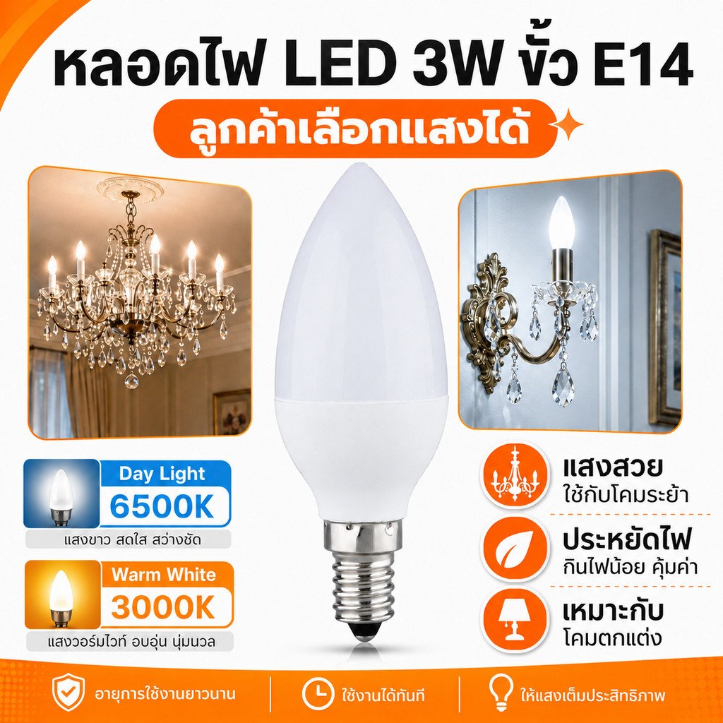 หลอดไฟ จำปา LED 3W ขั้ว E14 320 Lumen AC 85-265V เลือกแสง เหลือง Warmwhite 3000K / ขาว 6500K – แสงเหลือง Warm White - Image 2