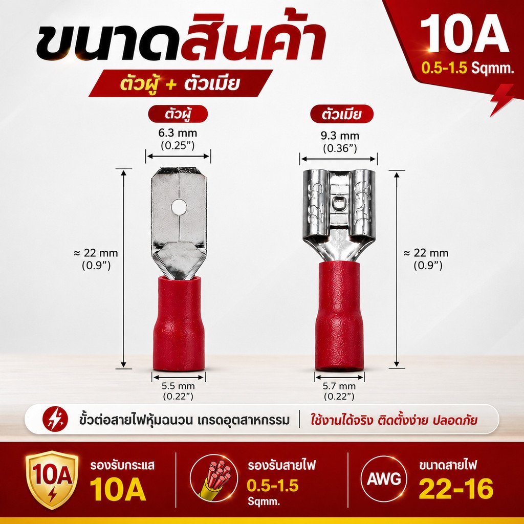 100 ชิน) หางปลาเสียบเร็ว ตัวเมีย+ผู้ แดง แบบหุ้ม 10A 600V ขั้วต่อสายไฟ PVC มาตรฐานอุตสาหกรรม ส่งด่วน - Image 2