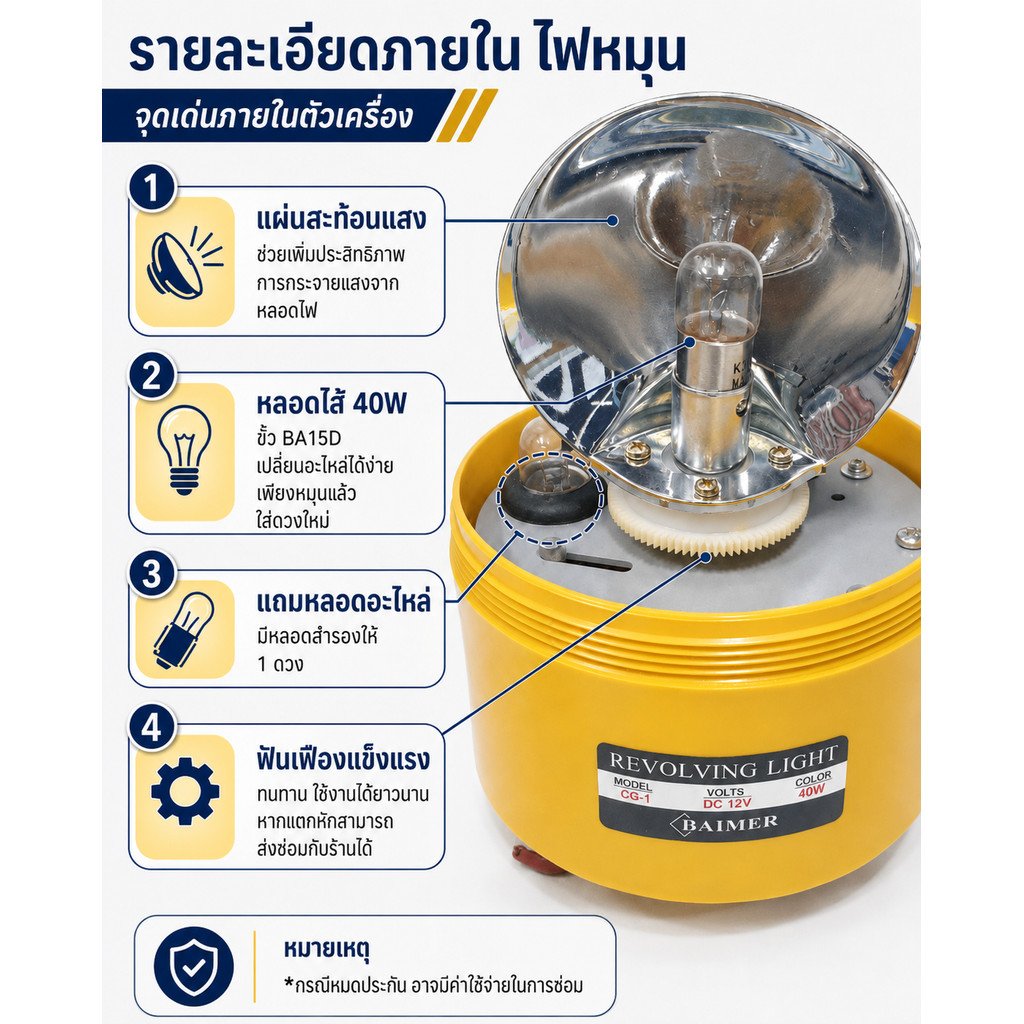 Baimer ไฟหมุน เบอร์ 3 6 นิ้ว ไฟฉุกเฉิน ไฟหมุน สีแดง เขียว เหลือง น้ำเงิน ระบบ AC 220V/12V/24V 40W - Image 2