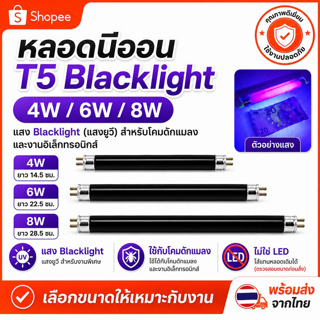 หลอด Blacklight T5 4W 6W 8W 15-30 ซม. หลอดดักยุง หลอดนีออน ดักแมลง แมงดา แมง ตรวจแบงค์ปลอม – 6W - Image 2