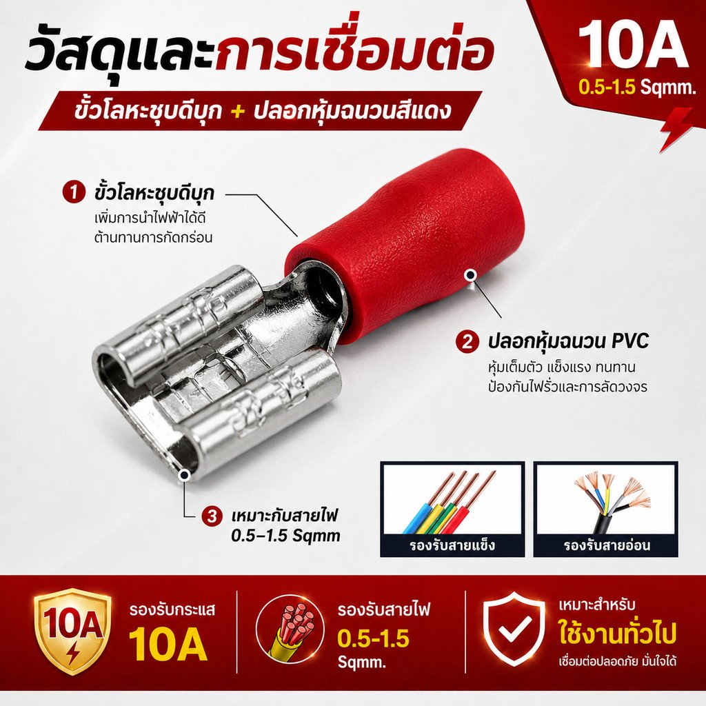 100 ชิน) หางปลาเสียบเร็ว ตัวเมีย+ผู้ แดง แบบหุ้ม 10A 600V ขั้วต่อสายไฟ PVC มาตรฐานอุตสาหกรรม ส่งด่วน - Image 4