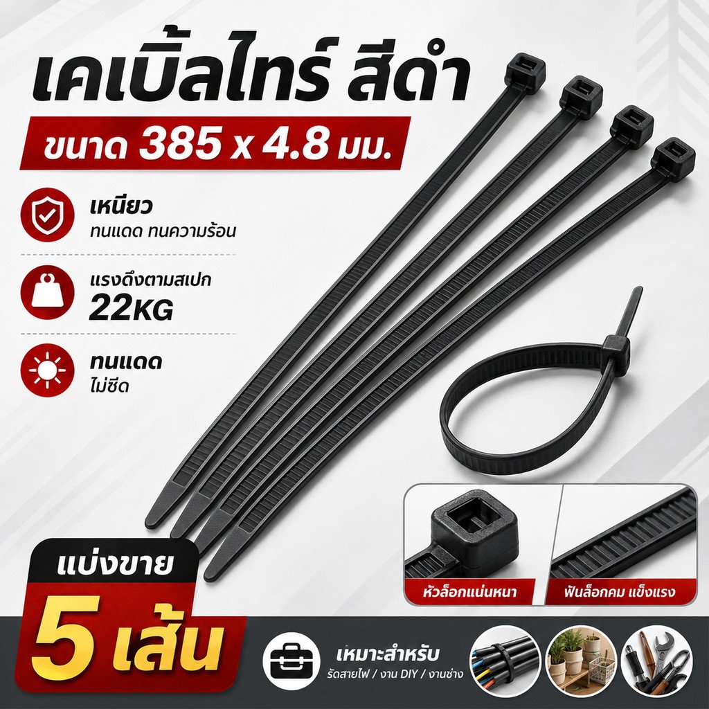 รุ่นหนา อย่างดี (5 เส้น) BANDEX Cable Tie เคเบิ้ลไทร์ สายรัดพลาสติก ขนาด 15 นิ้ว Nylon 66 ขนาด 385 mm x 4.8mm - Image 2