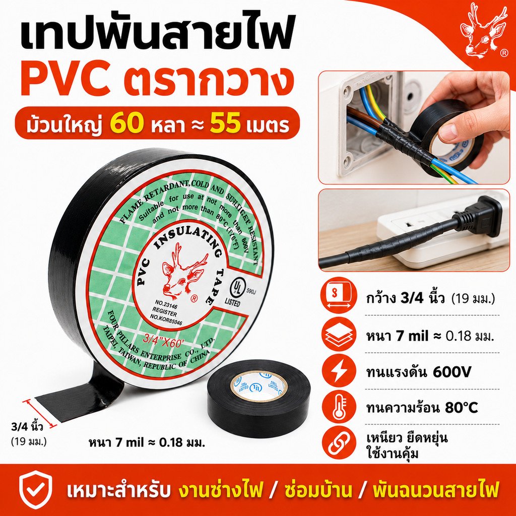 กวาง เทปพันสายไฟ PVC ตรากวาง สีดำ ม้วนใหญ่ 60 หลา 55 เมตร กว้าง 3/4 นิ้ว เทปไฟฟ้า เทปพันสายไฟ ทนแรงดัน 600V