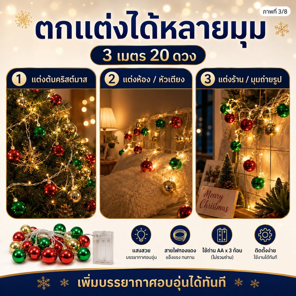 WR ไฟประดับ ตกแต่ง คริสมาสต์ ทรง ลูกบอล และ ดาวห้าแฉก LED 10/20/40 ดวง 2-5 เมตร ไฟตกแต่ง ต้นคริสต์มาส ไฟเทศกาล – ลูกบอล 40 LED 2 เมตร - Image 7