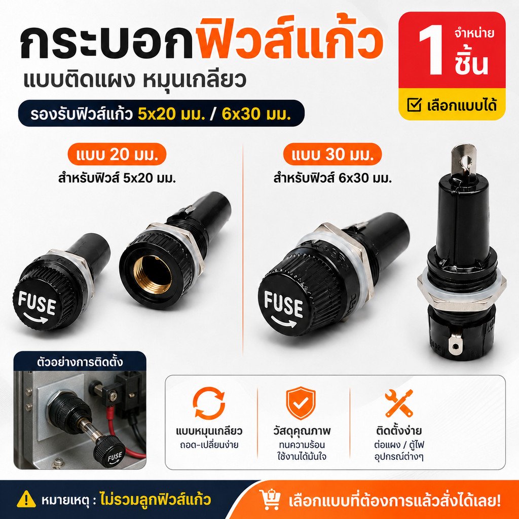WIREMAN กระบอกฟิวส์แก้ว 20mm 30mm Fuse Holder แบบหมุนเกลียว ฝาขันน็อต สำหรับฟิวส์หลอดแก้ว งานซ่อมไฟฟ้า DIY – 30 มม - Image 2