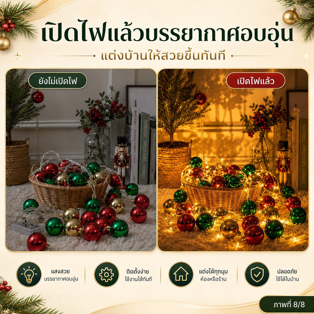 WR ไฟประดับ ตกแต่ง คริสมาสต์ ทรง ลูกบอล และ ดาวห้าแฉก LED 10/20/40 ดวง 2-5 เมตร ไฟตกแต่ง ต้นคริสต์มาส ไฟเทศกาล – ลูกบอล 40 LED 2 เมตร - Image 6
