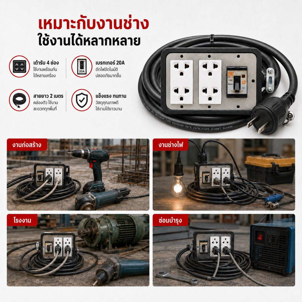 2-50 เมตร) JPS ปลั๊กไฟสนาม บล็อกยางมีเบรกเกอร์ 20A สาย VCT 2x2.5 sq.mm รองรับ 4500W ปลั๊กกราวน์คู่ Universal – 3 เมตร - Image 6