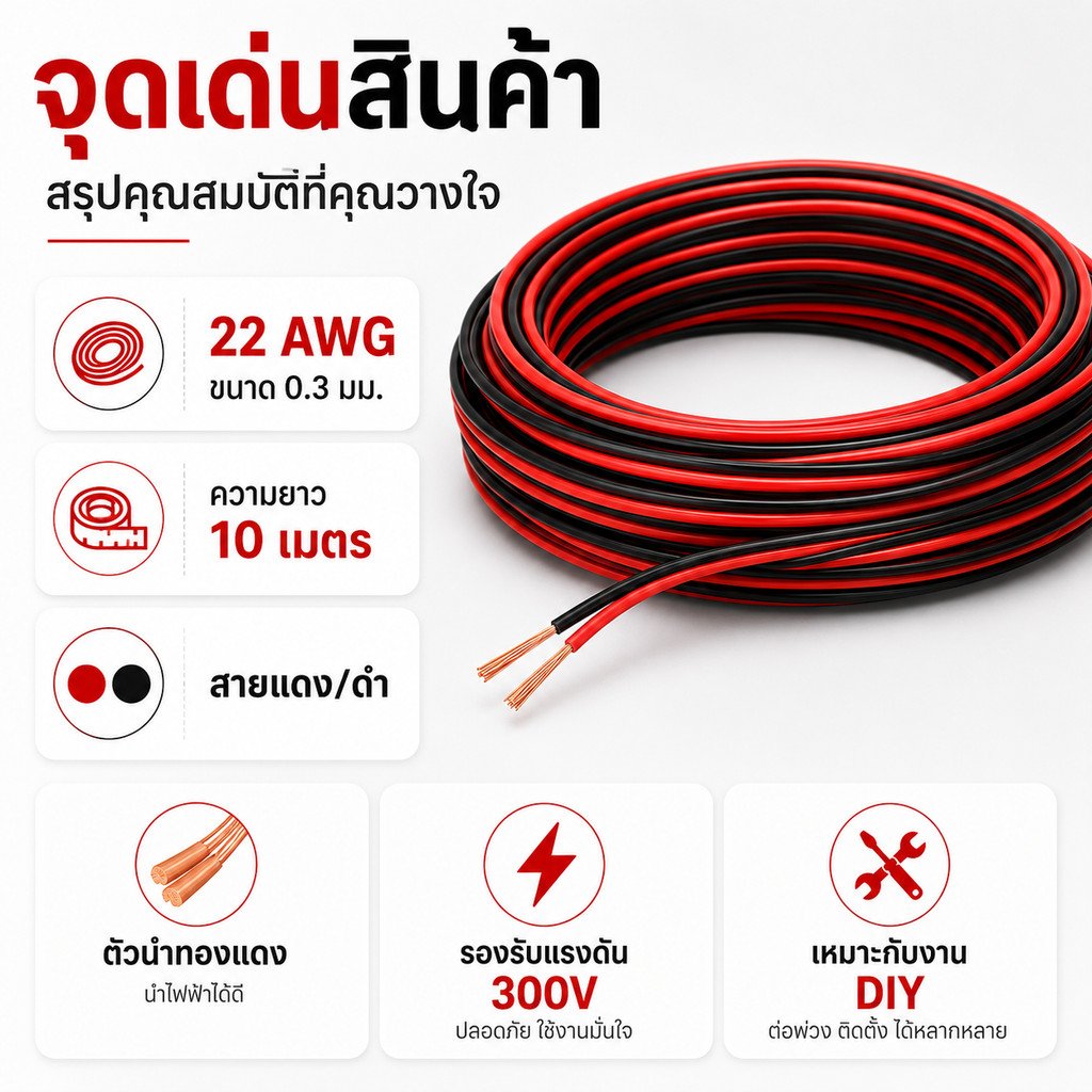 (10 เมตร) SUN สายไฟ ดำ-แดง ขนาด 2*0.3 Sqmm. , สาย ทองแดง หุ้มฉนวน สายเดิน ลำโพง สวิตส์ ปลั๊ก ลบ - Image 2